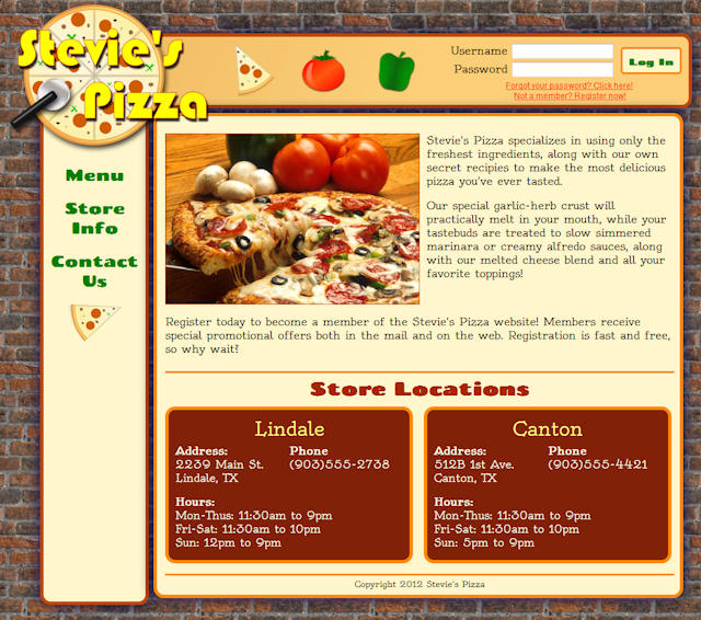 Stevie's Pizza Front Page